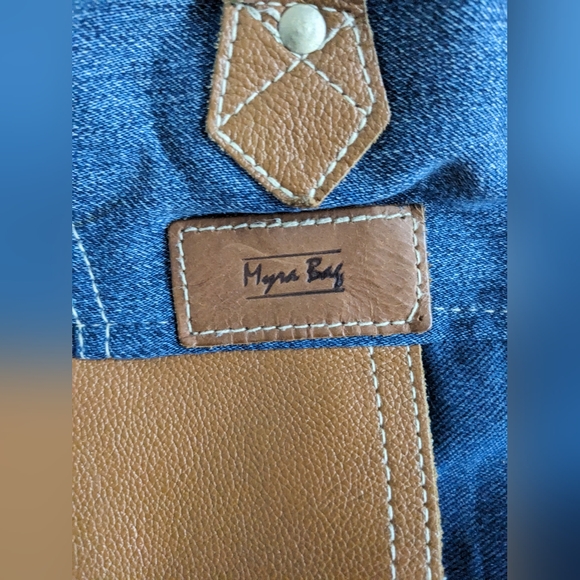 EUC Myra Bag women's Janesa Tote Bag 100% cotton leather denim bag, blue brown - Picture 5 of 13